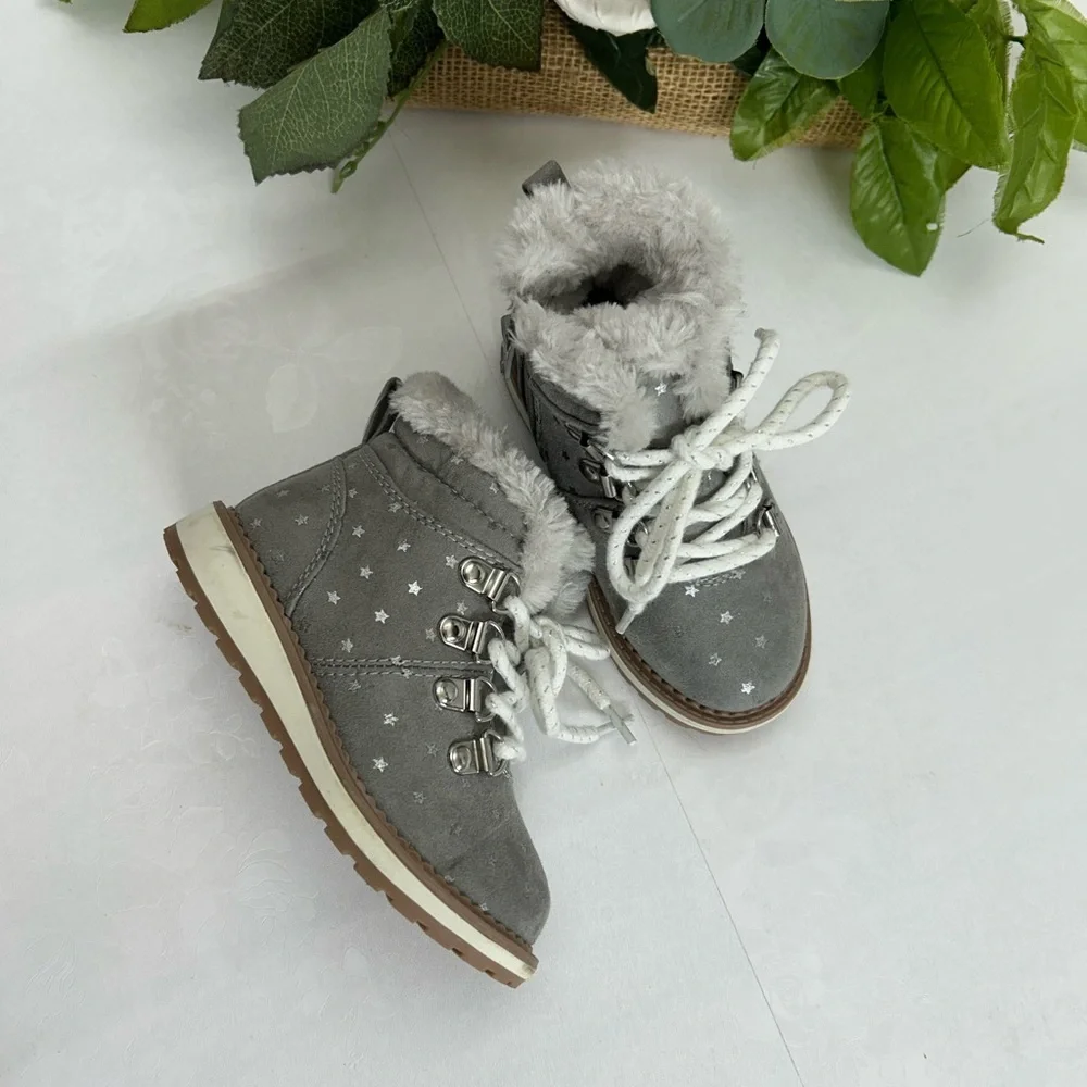 Cat & Jack Grey Faux-Fur Star Accent Lace-Up Boots
